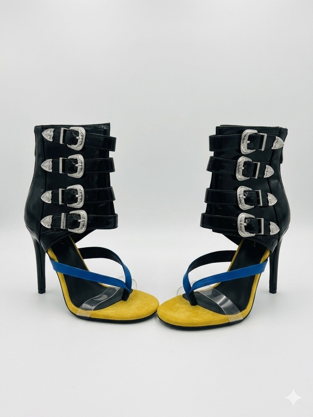 New Unbranded Black Red Yellow Western Buckle Platform Heels EU 41 US 9.5/10